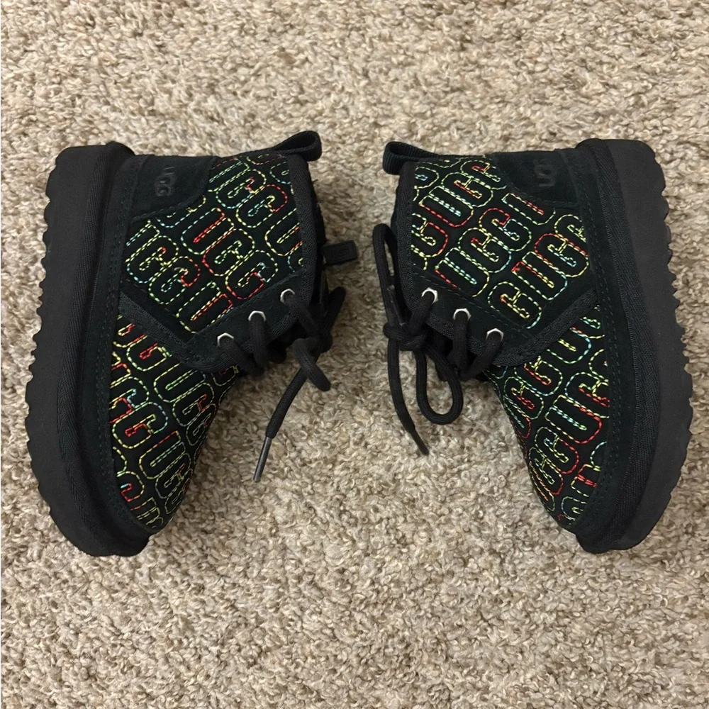 UGG Black Kids Lace-Up Boots with Multicolor Logo Stitching